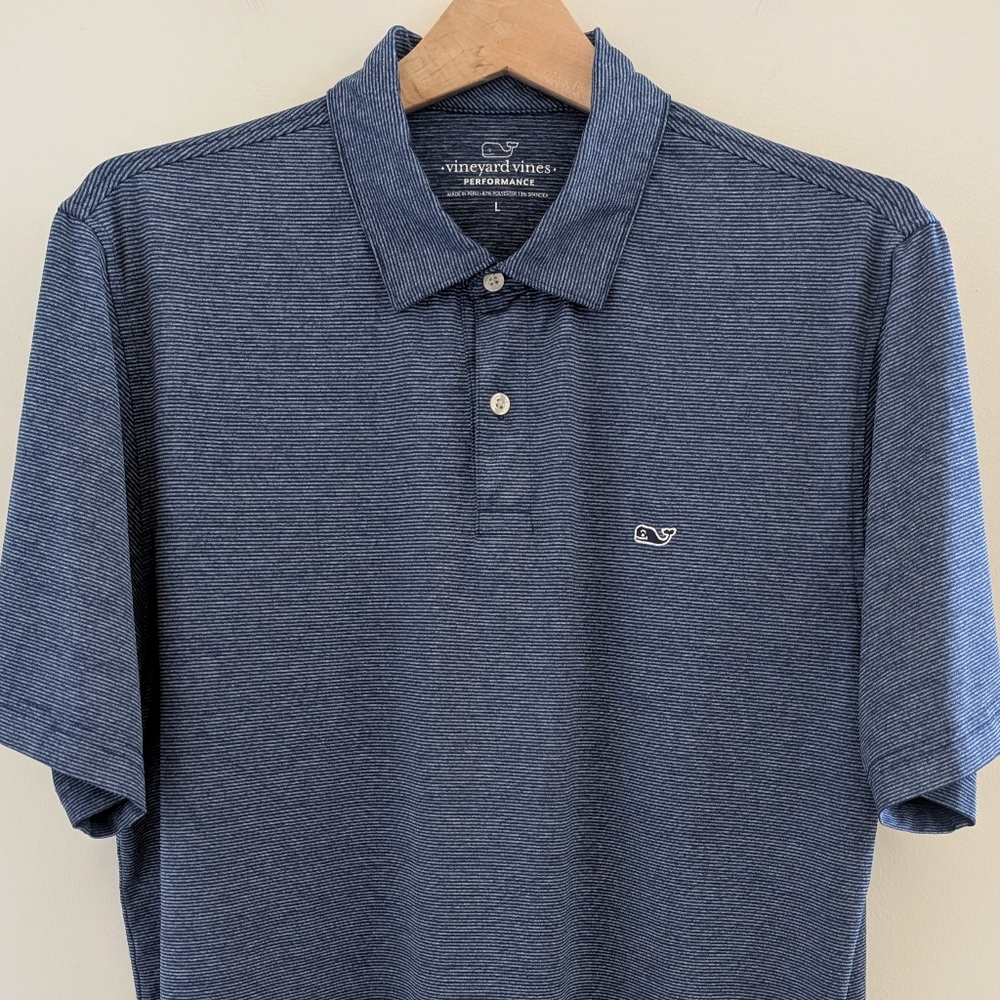 VINEYARD VINES Performance Classic Polo Shirt Men's L Navy Striped Stretch Whale